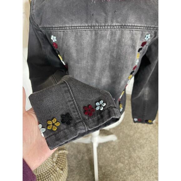 Desigual Denim Black Gray Jacket W/ Red Faux Fur Collar Velvet Flowers Size 42 - Picture 6 of 7